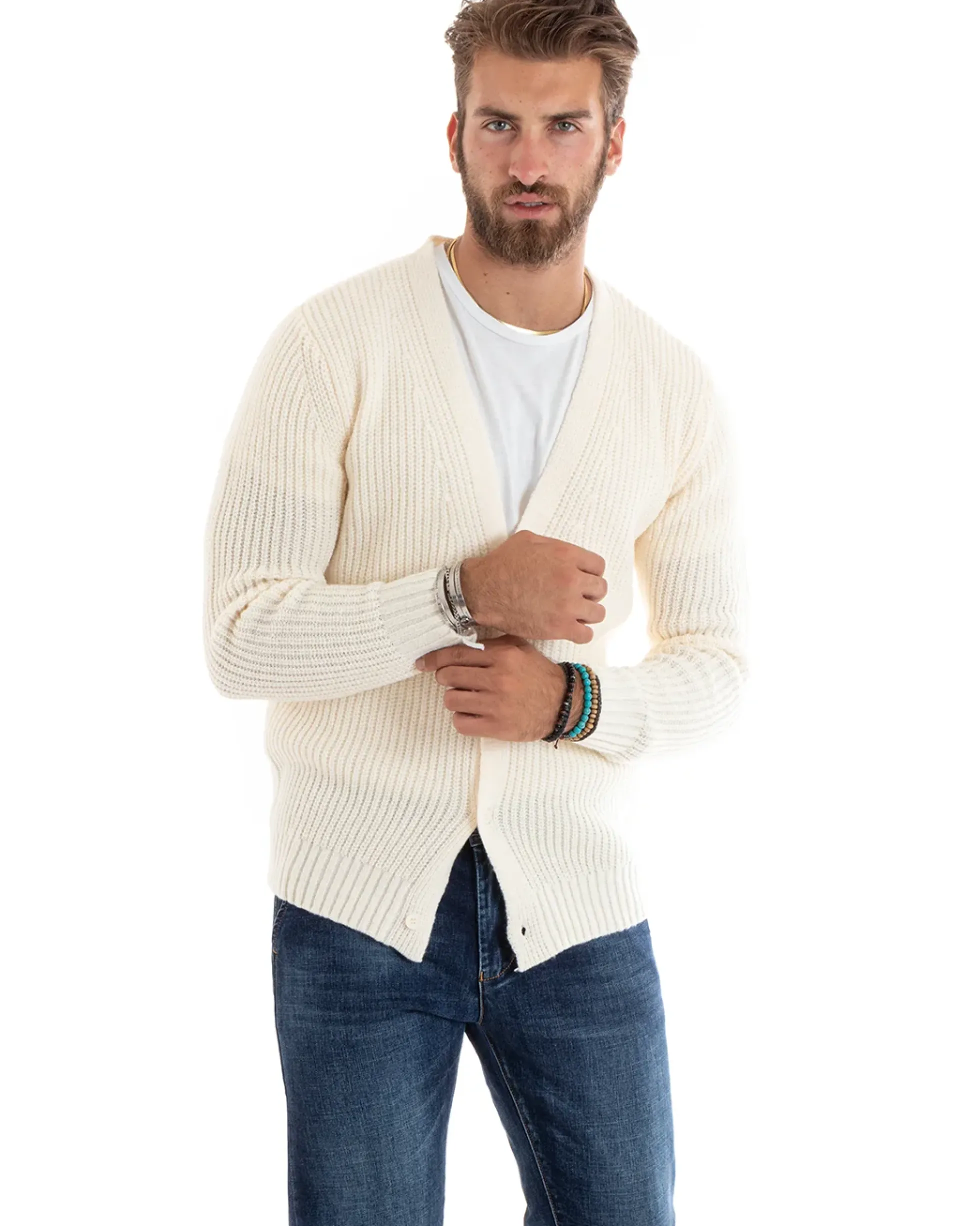 Cardigan Uomo Giacca Con Bottoni Maglioncino Scollo V Maglia Inglese Panna GIOSAL-M2695A