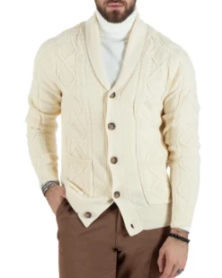 Cardigan Uomo Maglia Collo Sciallato Trecce Panna M2790A