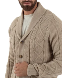 Cardigan Uomo Maglia Collo Sciallato Trecce Beige M3011A
