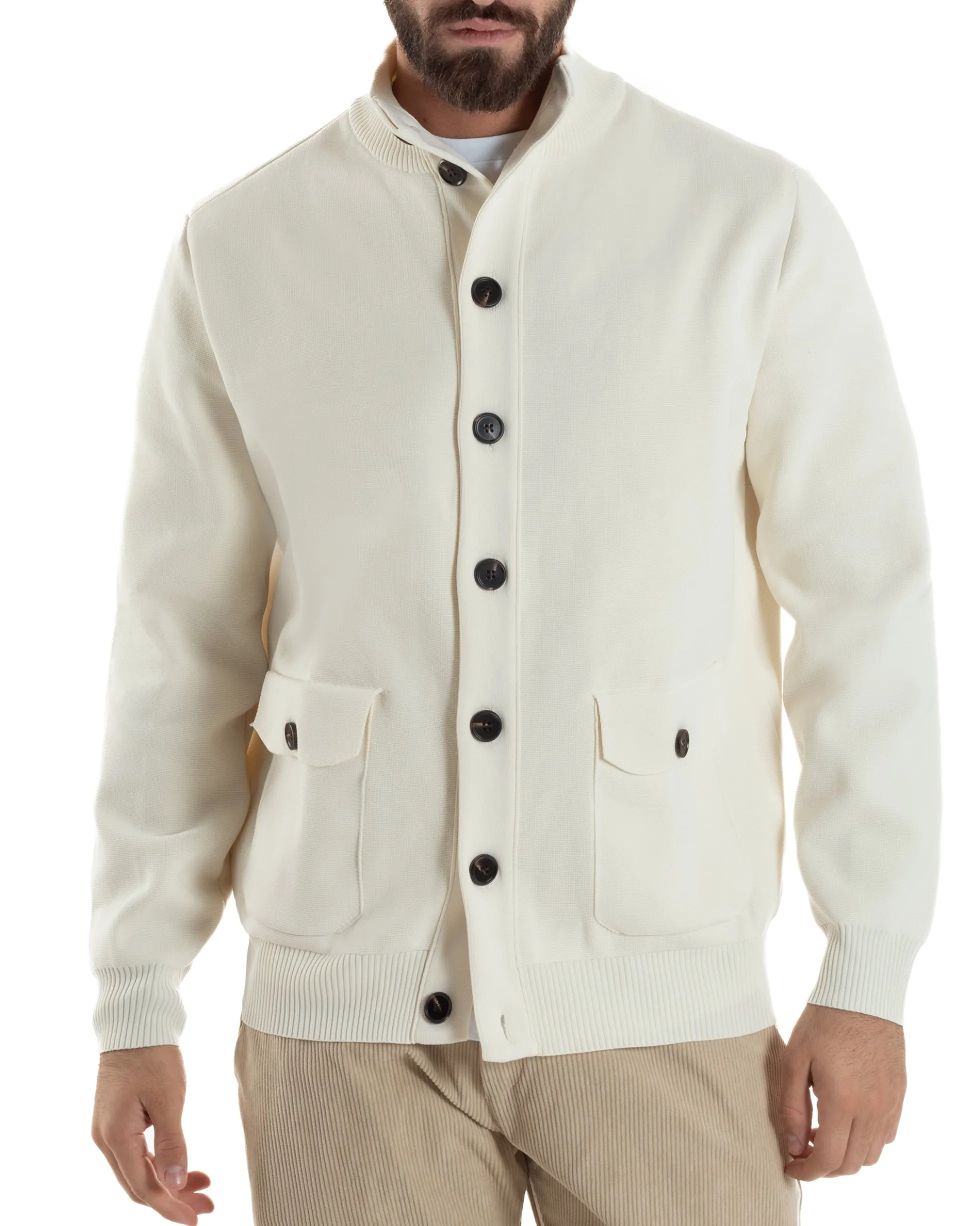 Cardigan Uomo Maglia Con Collo Bottoni Giacca Panna Over-D OE1F2W5M91