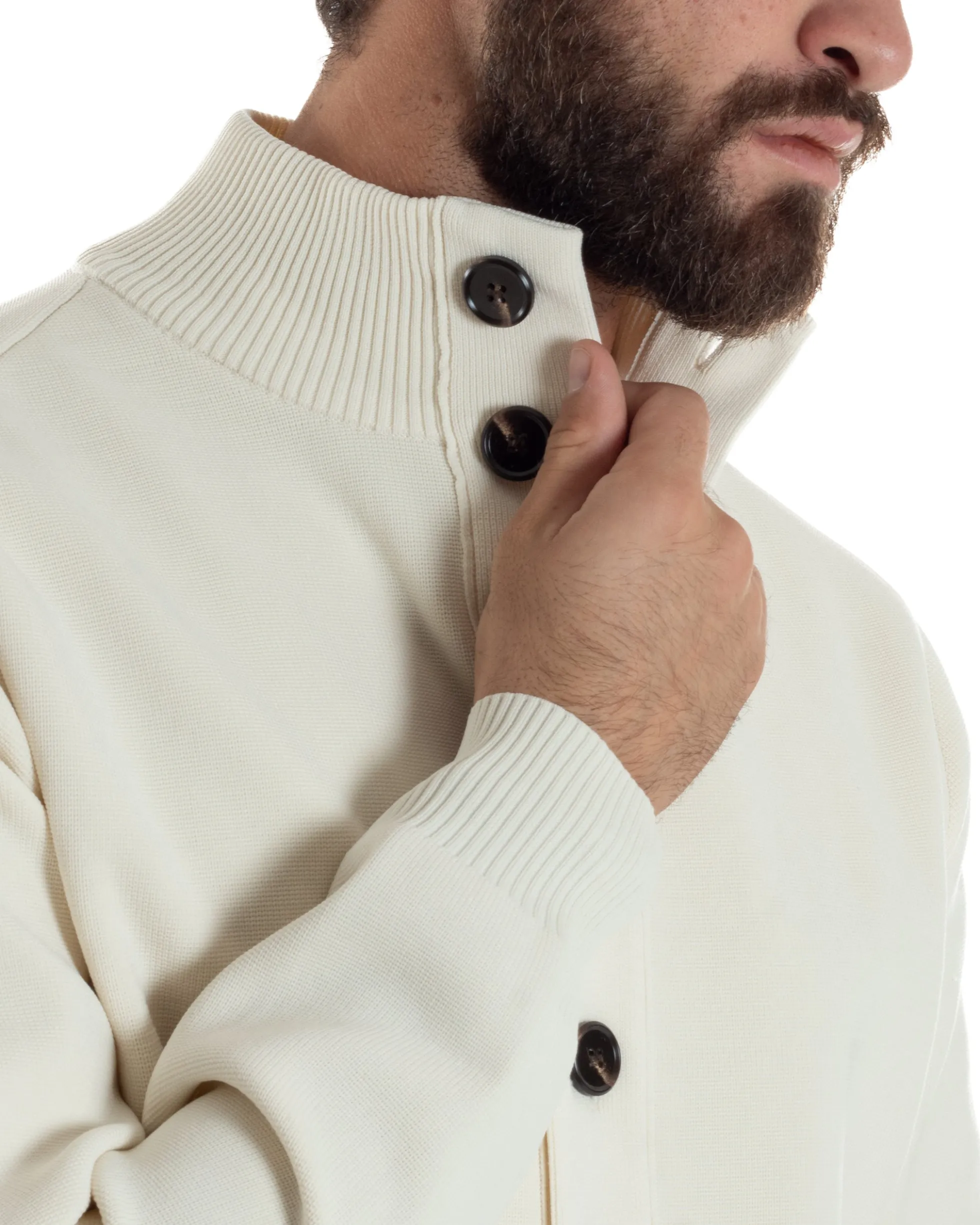 Cardigan Uomo Maglia Con Collo Bottoni Giacca Panna Over-D OE1F2W5M91