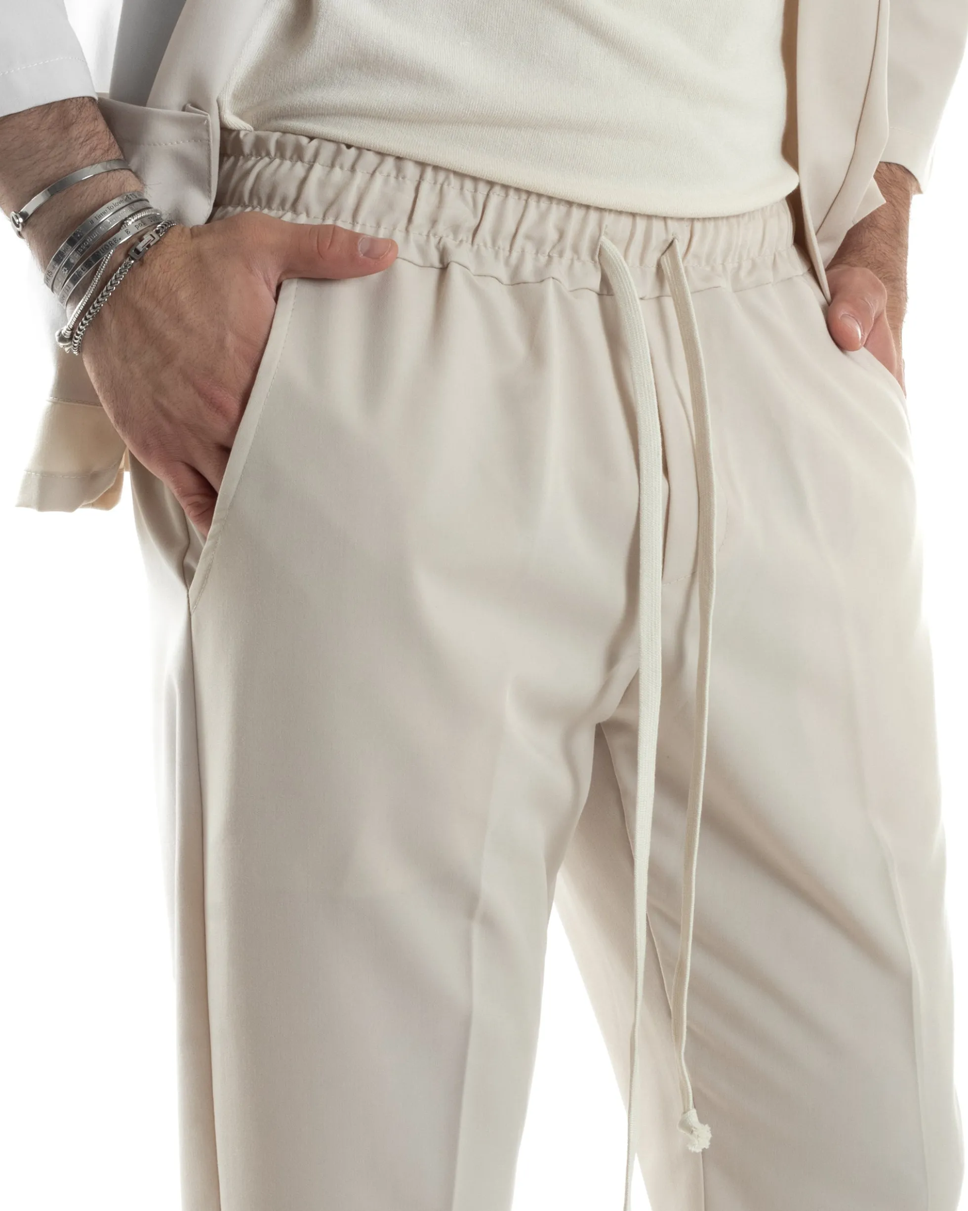 Completo set coordinato uomo giacca kimono pantaloni beige GIOSAL-OU2446A