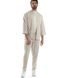 Completo set coordinato uomo giacca kimono pantaloni beige GIOSAL-OU2446A