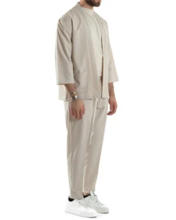 Completo set coordinato uomo giacca kimono pantaloni beige GIOSAL-OU2446A