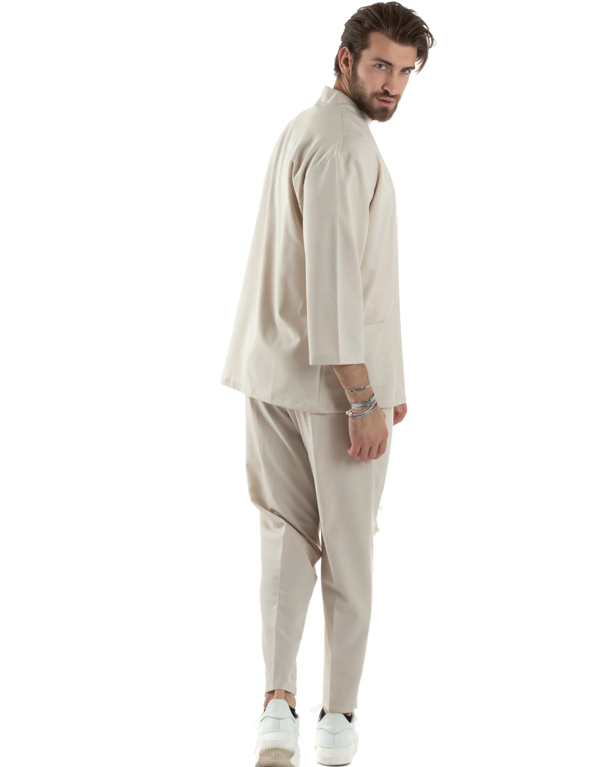 Completo set coordinato uomo giacca kimono pantaloni beige GIOSAL-OU2446A