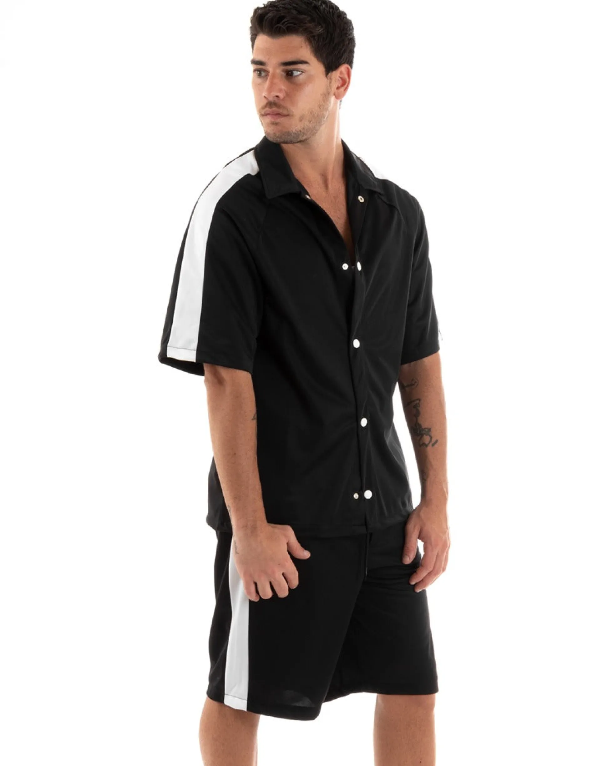 Completo Set Coordinato Uomo Viscosa Camicia Con Colletto Bermuda Outfit Nero GIOSAL-OU2366A