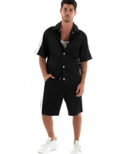 Completo Set Coordinato Uomo Viscosa Camicia Con Colletto Bermuda Outfit Nero GIOSAL-OU2366A