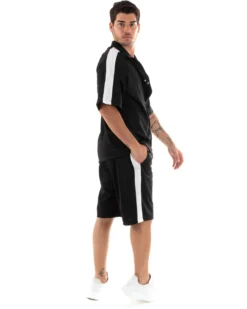 Completo Set Coordinato Uomo Viscosa Camicia Con Colletto Bermuda Outfit Nero GIOSAL-OU2366A