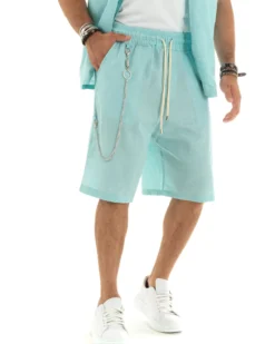Completo Set Coordinato Uomo Viscosa Camicia Con Colletto Bermuda Outfit Verde Acqua GIOSAL-OU2355A