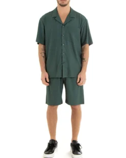 Completo Set Coordinato Uomo Viscosa Plissé Camicia Con Colletto Bermuda Outfit Verde GIOSAL-OU2282A