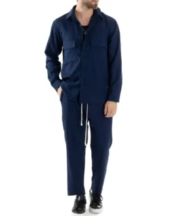 Completo Set Coordinato Uomo Viscosa Camicia Pantaloni Jogger Outfit Melangiato Blu GIOSAL-OU2451A