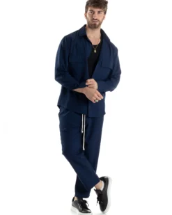 Completo Set Coordinato Uomo Viscosa Camicia Pantaloni Jogger Outfit Melangiato Blu GIOSAL-OU2451A