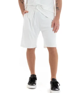 Completo Set Coordinato Uomo Viscosa Plissé Camicia Con Colletto Bermuda Outfit Bianco GIOSAL-OU2284A
