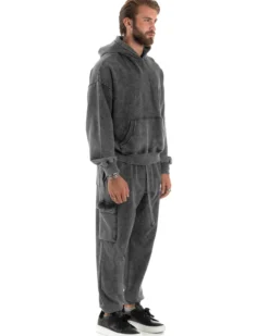 Completo Tuta Uomo Basic Felpa Con Cappuccio Pantaloni Cargo Con Tasconi Cotone Garzato StoneWashed Slavato Grigio GIOSAL-OU2472A
