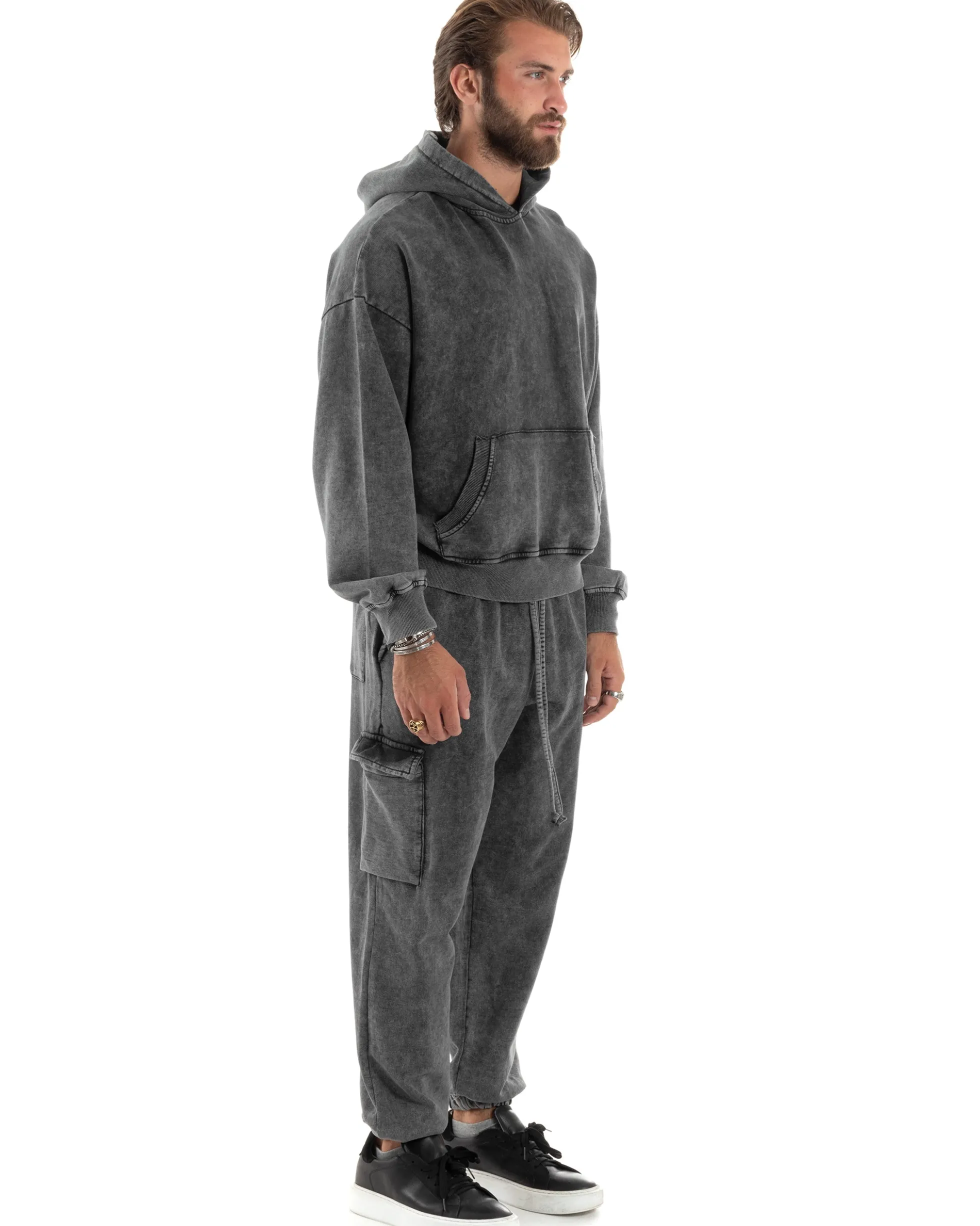 Completo Tuta Uomo Basic Felpa Con Cappuccio Pantaloni Cargo Con Tasconi Cotone Garzato StoneWashed Slavato Grigio GIOSAL-OU2472A