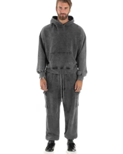 Completo Tuta Uomo Basic Felpa Con Cappuccio Pantaloni Cargo Con Tasconi Cotone Garzato StoneWashed Slavato Grigio GIOSAL-OU2472A