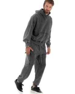 Completo Tuta Uomo Basic Felpa Con Cappuccio Pantaloni Cargo Con Tasconi Cotone Garzato StoneWashed Slavato Grigio GIOSAL-OU2472A