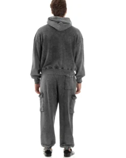 Completo Tuta Uomo Basic Felpa Con Cappuccio Pantaloni Cargo Con Tasconi Cotone Garzato StoneWashed Slavato Grigio GIOSAL-OU2472A
