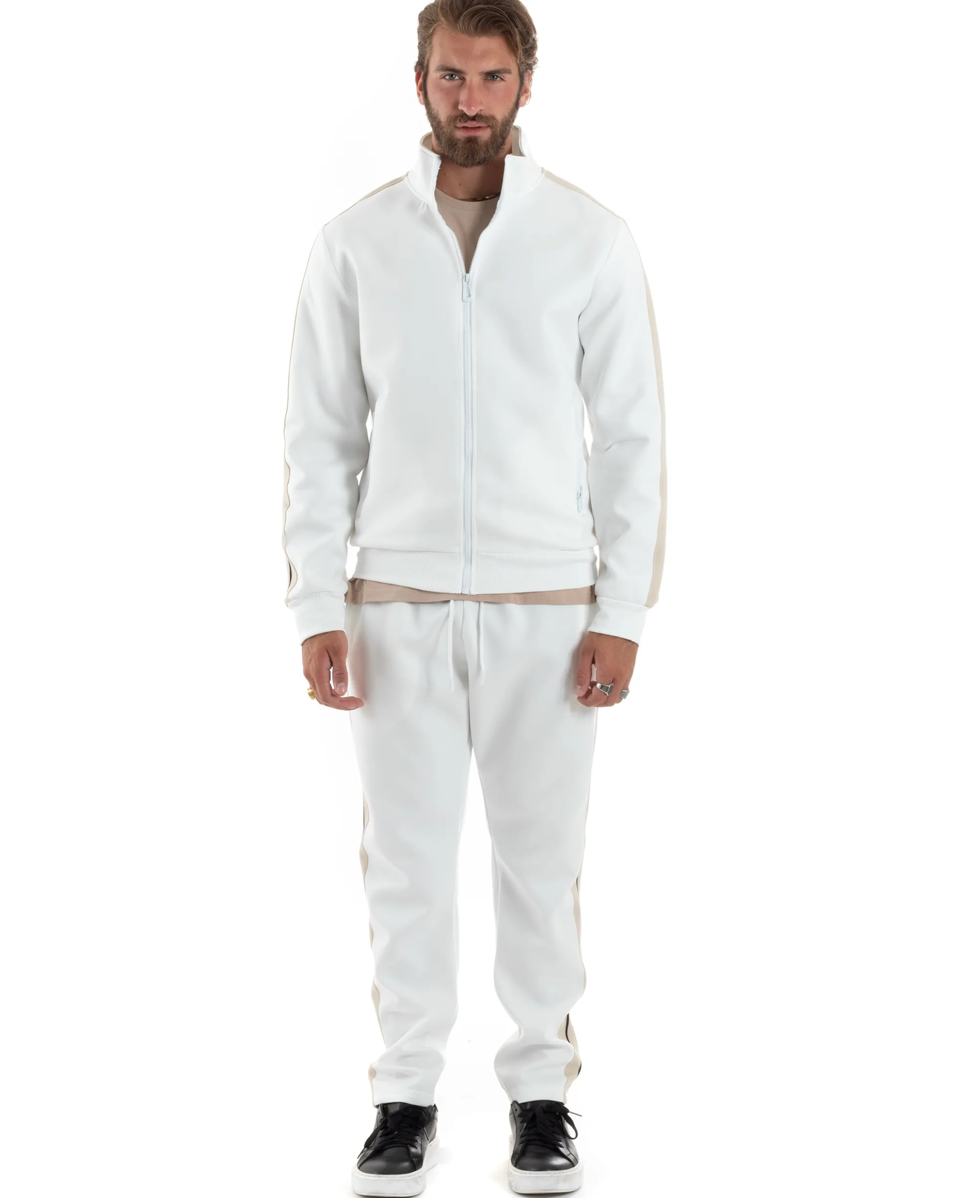 Completo Tuta Uomo Con Bande Laterali Tracksuit Caldo Cotone Felpa Con Zip Pantaloni Con Coulisse Fondo Largo Bicolore Bianco GIOSAL-OU2475A