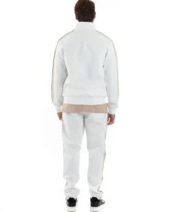Completo Tuta Uomo Con Bande Laterali Tracksuit Caldo Cotone Felpa Con Zip Pantaloni Con Coulisse Fondo Largo Bicolore Bianco GIOSAL-OU2475A