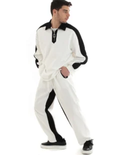 Completo Tuta Uomo Cotone Bianco Oversize Relaxed Fit Felpa Con Colletto Pantaloni GIOSAL-OU2234A