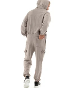 Completo Tuta Uomo Felpa Cappuccio Pantaloni Cargo Cotone Garzato StoneWashed Beige OU2473A