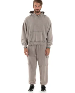 Completo Tuta Uomo Felpa Cappuccio Pantaloni Cargo Cotone Garzato StoneWashed Beige OU2473A