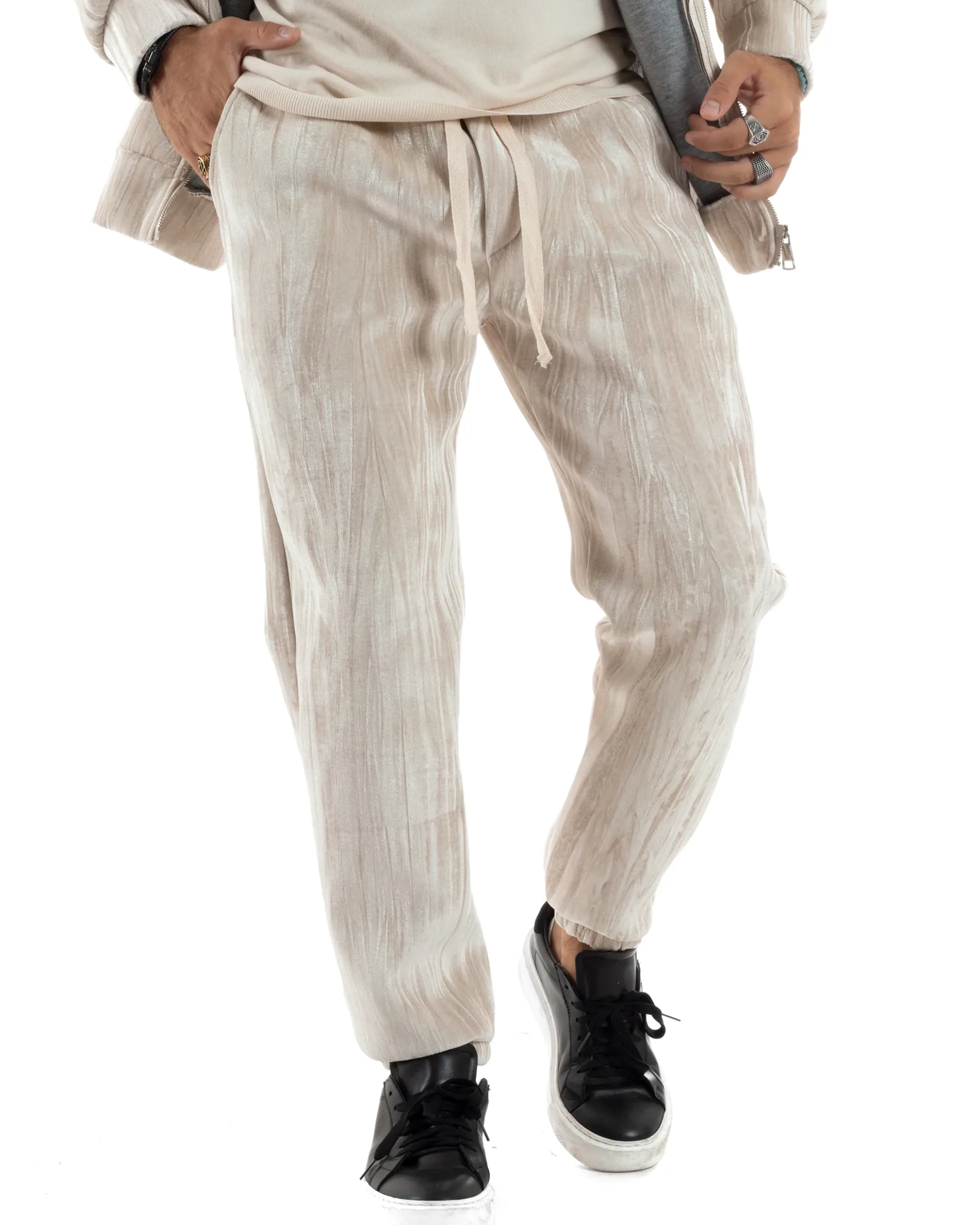 Completo Tuta Uomo Velluto Tracksuit Felpa Con Cappuccio Con Zip Pantaloni Con Coulisse Pantalaccio Panna GIOSAL-OU2479A