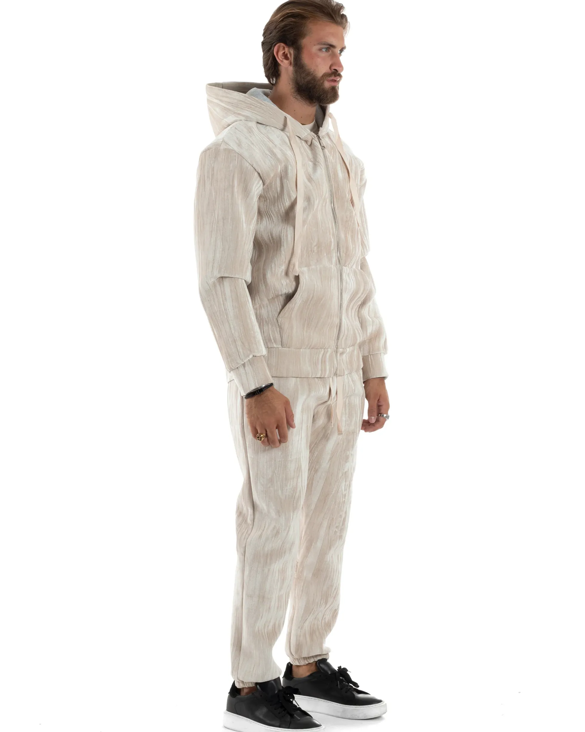 Completo Tuta Uomo Velluto Tracksuit Felpa Con Cappuccio Con Zip Pantaloni Con Coulisse Pantalaccio Panna GIOSAL-OU2479A