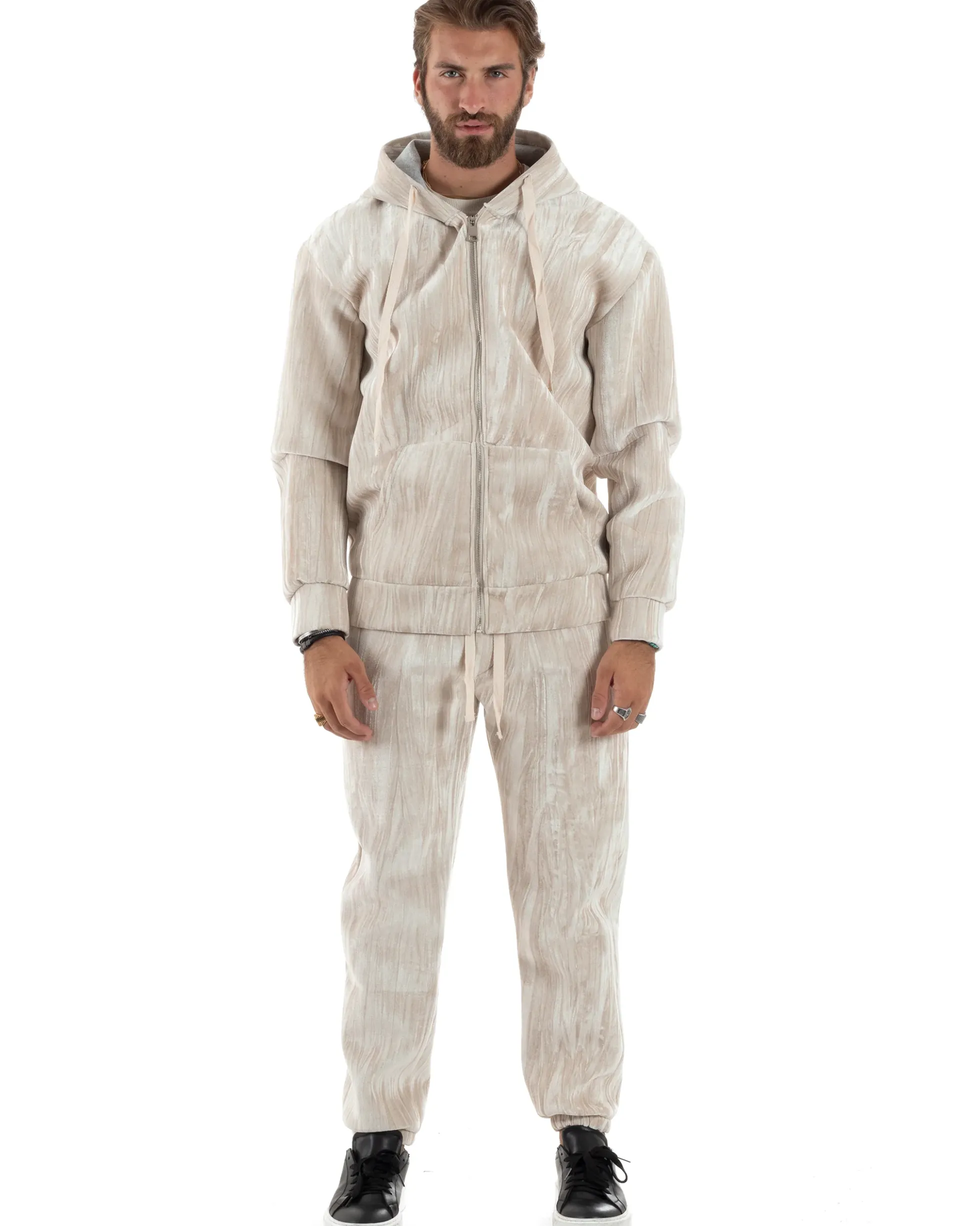 Completo Tuta Uomo Velluto Tracksuit Felpa Con Cappuccio Con Zip Pantaloni Con Coulisse Pantalaccio Panna GIOSAL-OU2479A