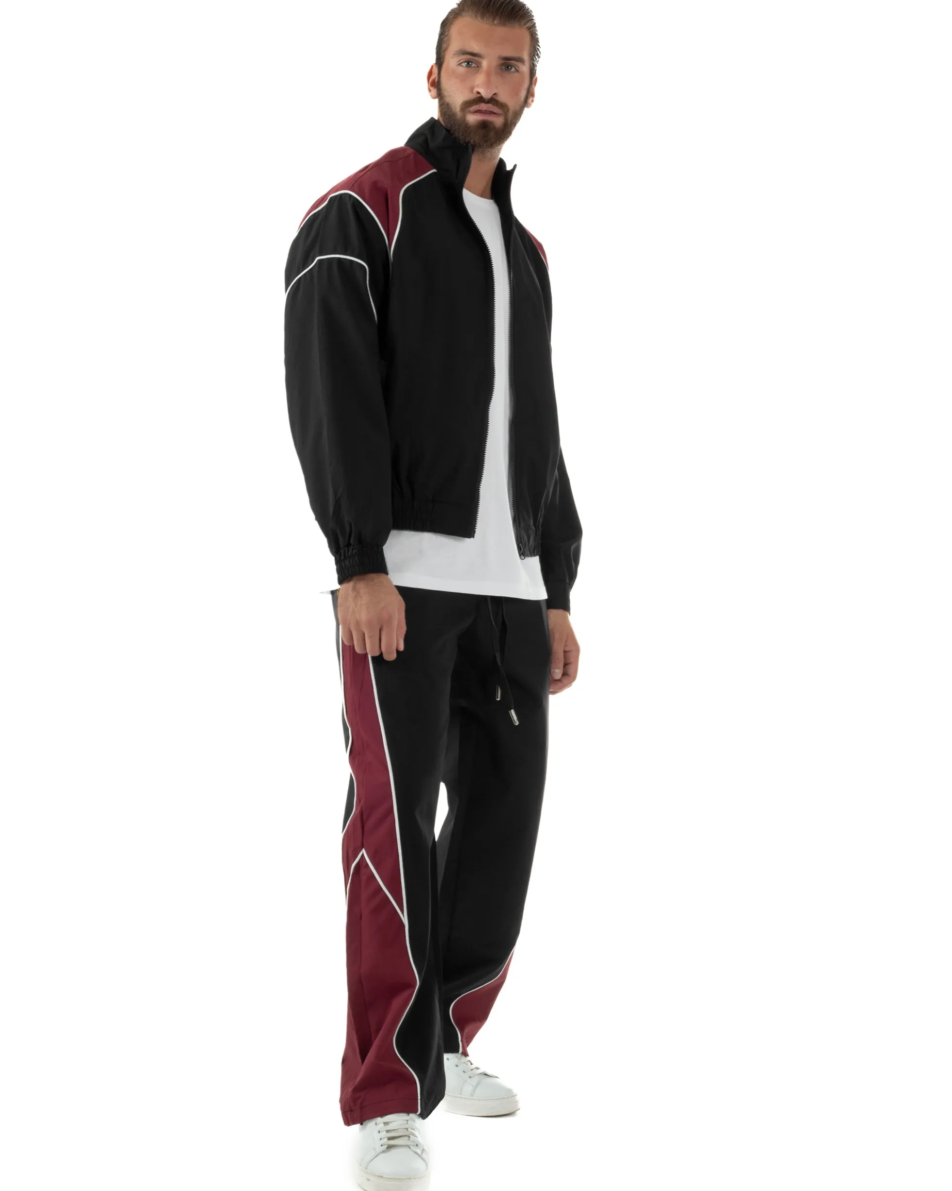 Coordinato Tuta Giacca Giubbotto Pantaloni Baggy Outfit Bicolore Nero OU2533A