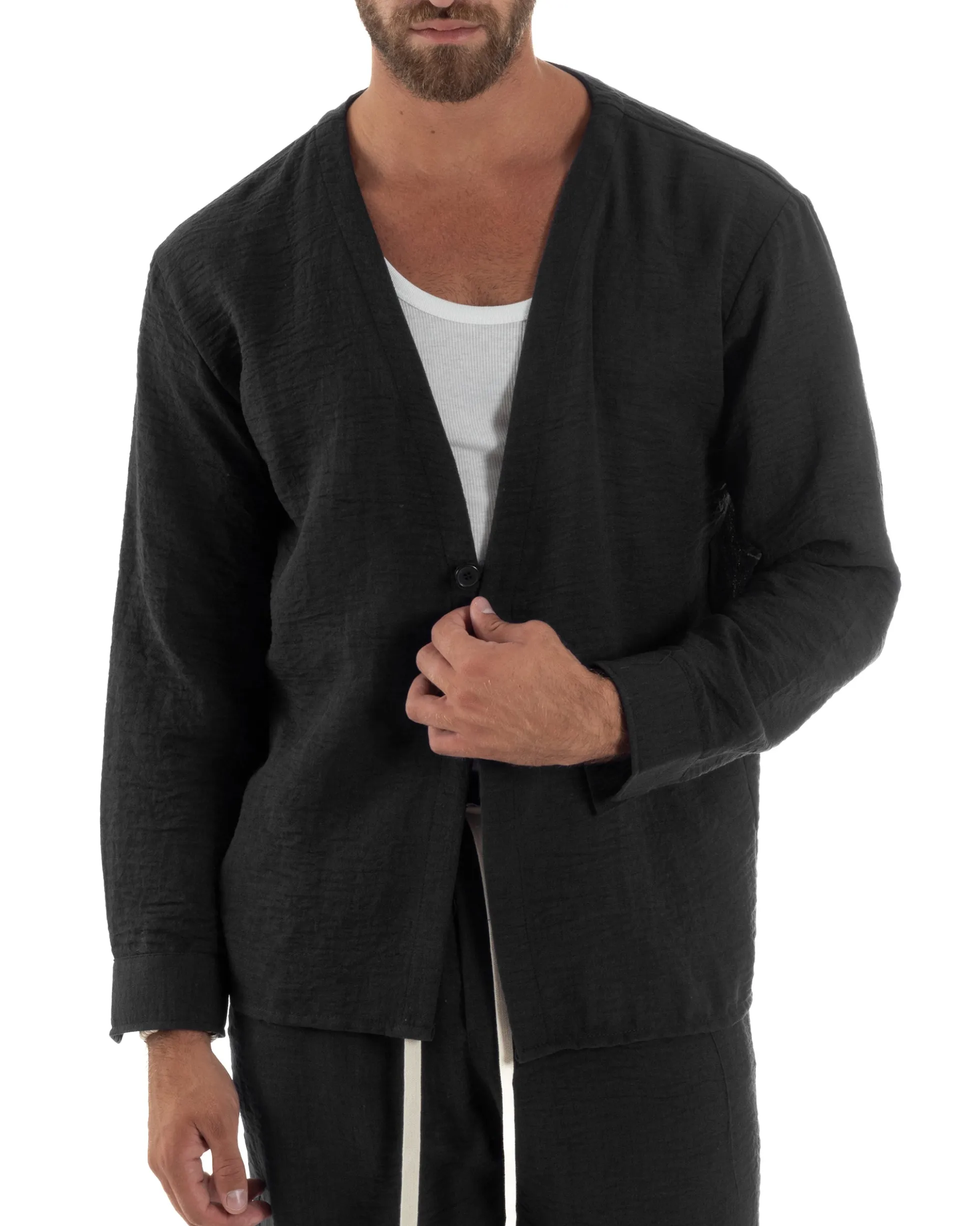 Coordinato viscosa fiammato giacca coreana scollo v pantaloni baggy nero GIOSAL-OU2561A