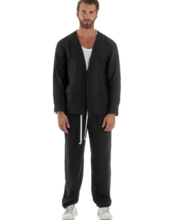Coordinato viscosa fiammato giacca coreana scollo v pantaloni baggy nero GIOSAL-OU2561A