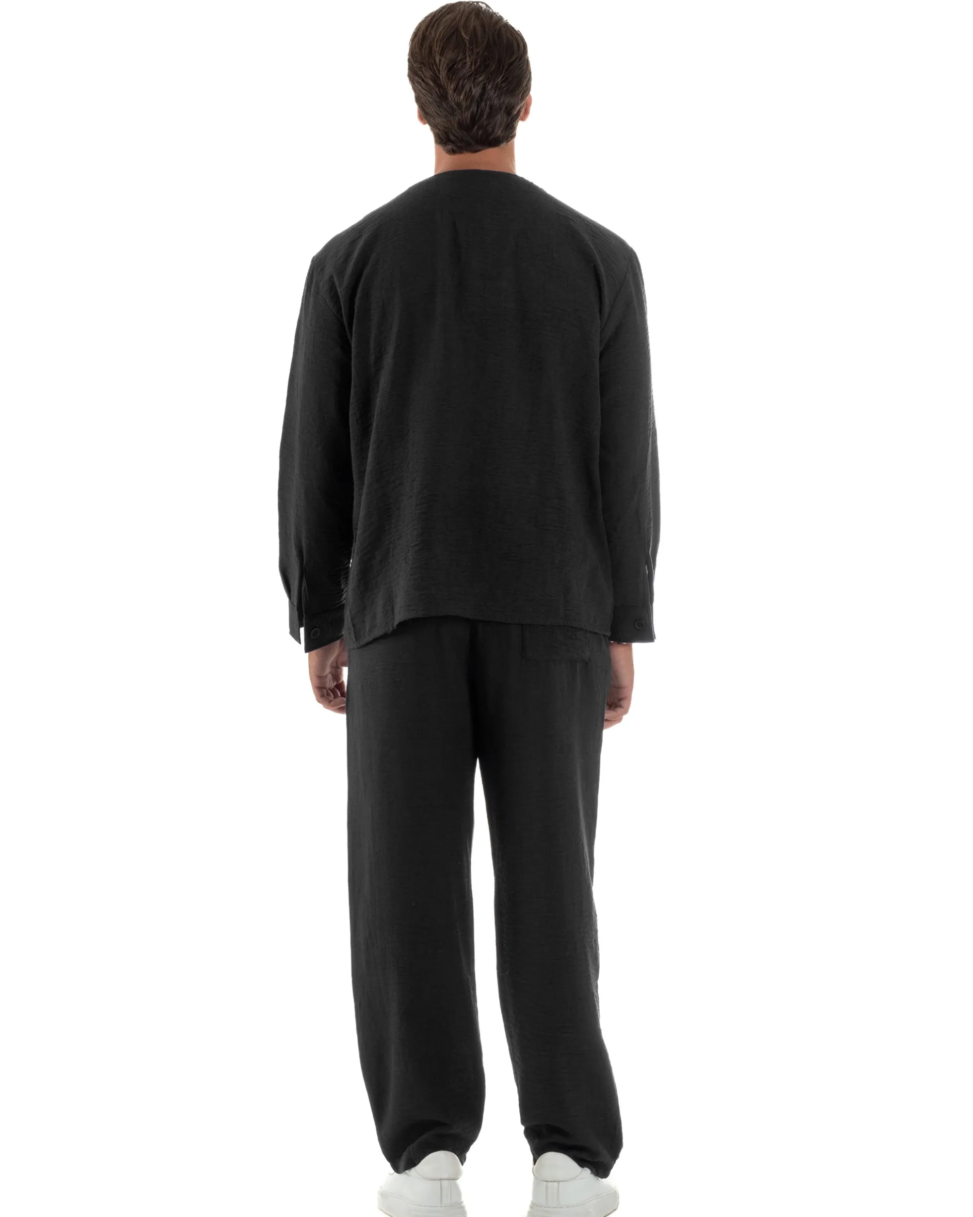 Coordinato viscosa fiammato giacca coreana scollo v pantaloni baggy nero GIOSAL-OU2561A