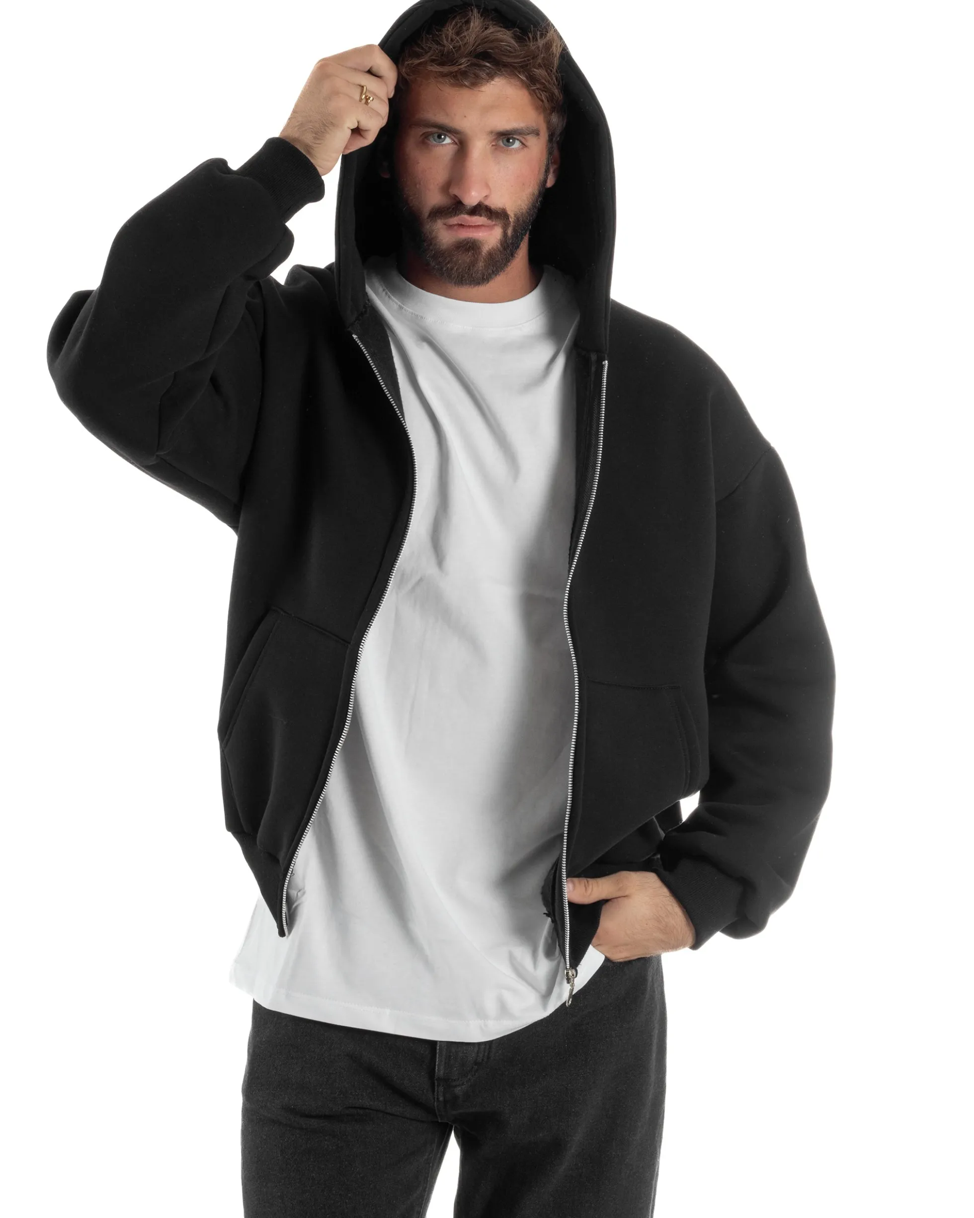 Felpa Boxy Fit Cappuccio E Zip Basic Felpata Nero F3061A