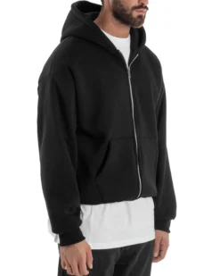 Felpa Boxy Fit Cappuccio E Zip Basic Felpata Nero F3061A