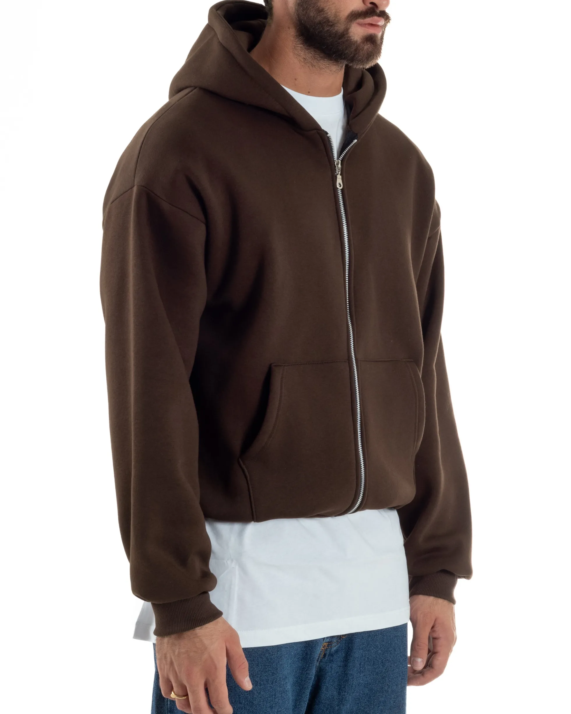 Felpa Boxy Fit Cappuccio E Zip Basic Felpata Marrone F3064A