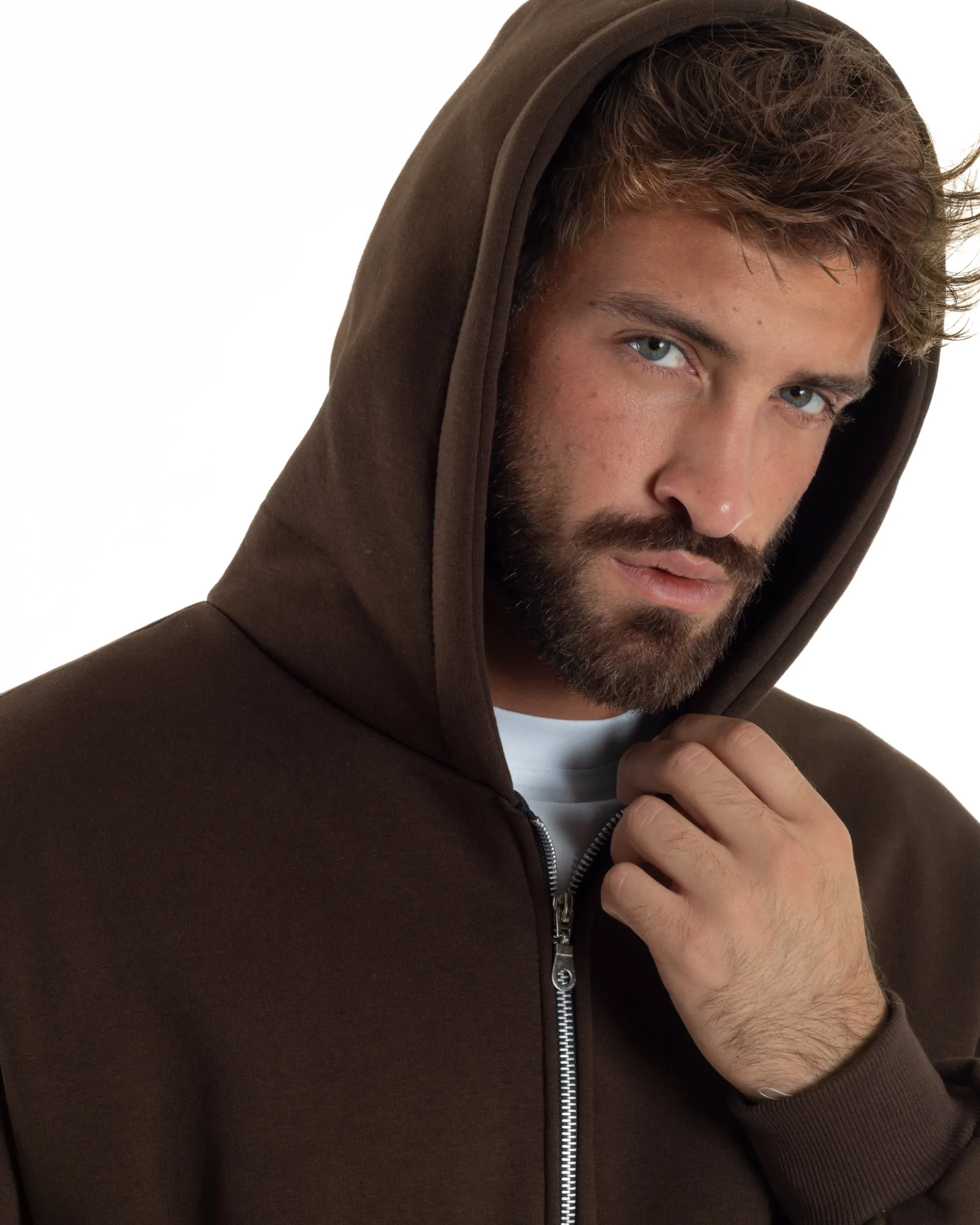 Felpa Boxy Fit Cappuccio E Zip Basic Felpata Marrone F3064A
