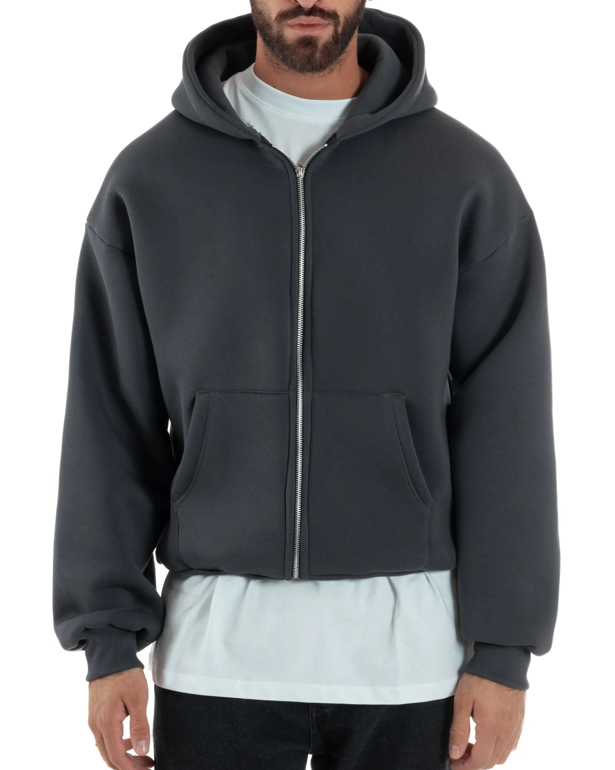 Felpa Boxy Fit Cappuccio E Zip Basic Felpata Piombo F3060A