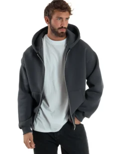 Felpa Boxy Fit Cappuccio E Zip Basic Felpata Piombo F3060A