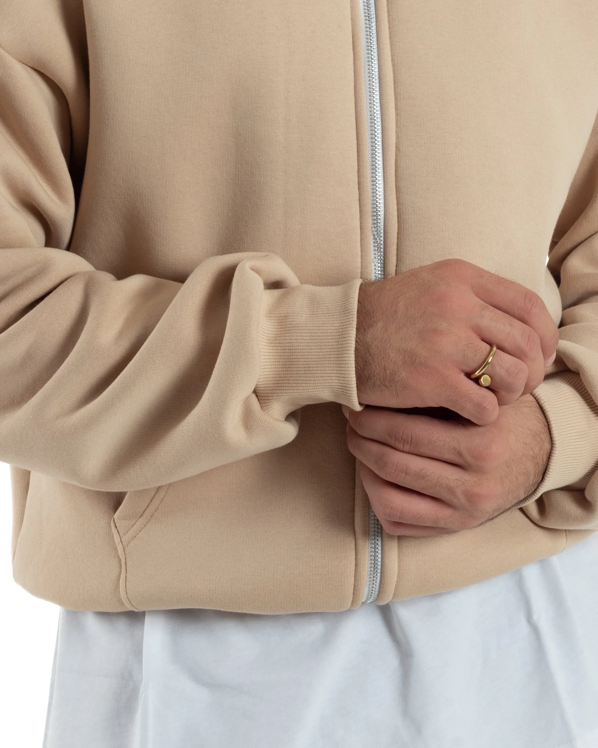 Felpa Boxy Fit Cappuccio E Zip Basic Felpata Beige F3062A