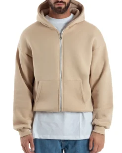 Felpa Boxy Fit Cappuccio E Zip Basic Felpata Beige F3062A