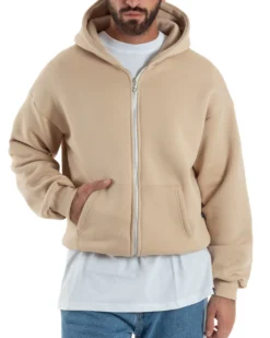 Felpa Boxy Fit Cappuccio E Zip Basic Felpata Beige F3062A