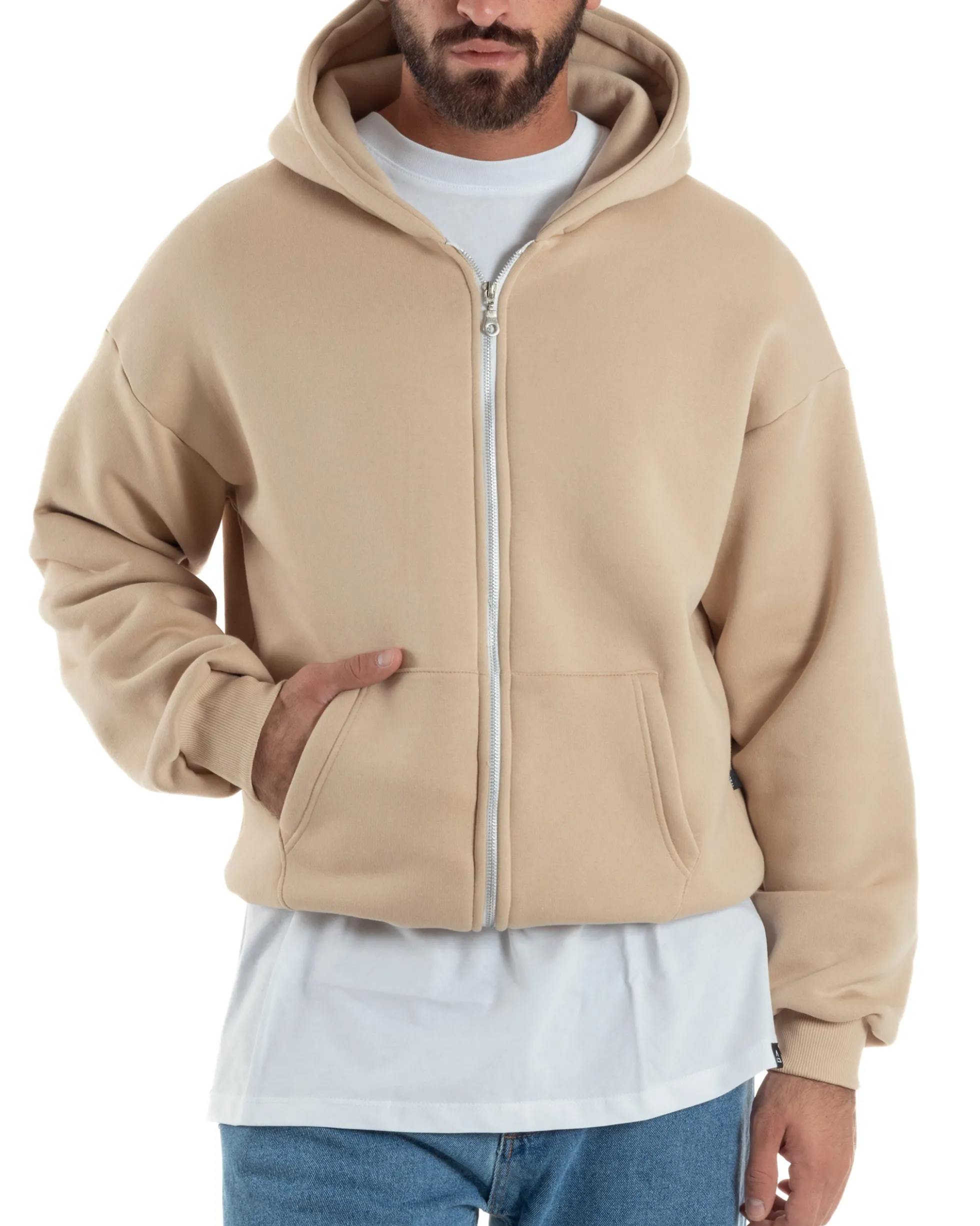 Felpa Boxy Fit Cappuccio E Zip Basic Felpata Beige F3062A