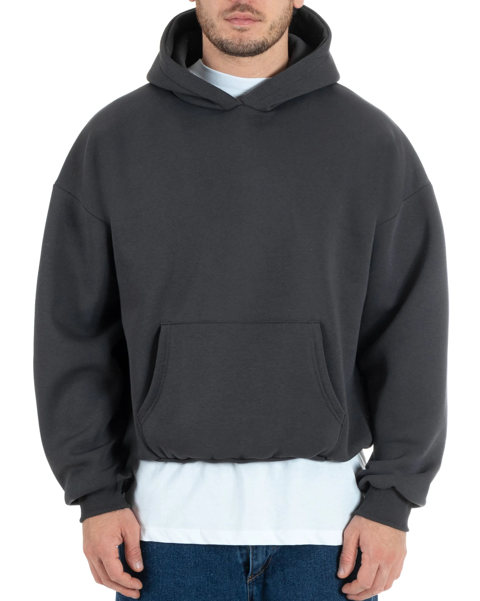 Felpa Con Cappuccio Uomo Boxy Fit Basic Felpata Comoda Piombo F2995A