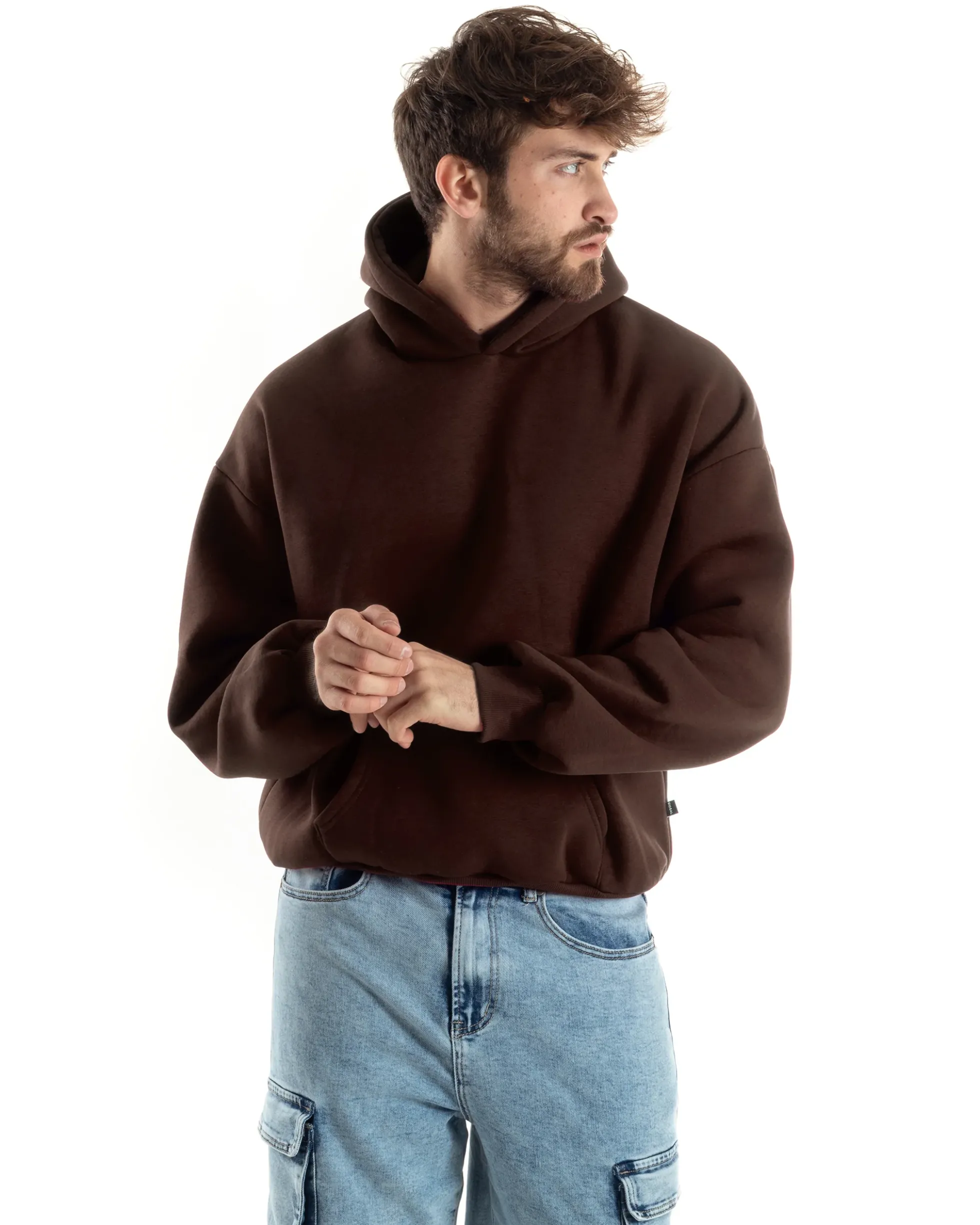 Felpa Con Cappuccio Uomo Boxy Fit Basic Felpata Comoda Marrone F3052A