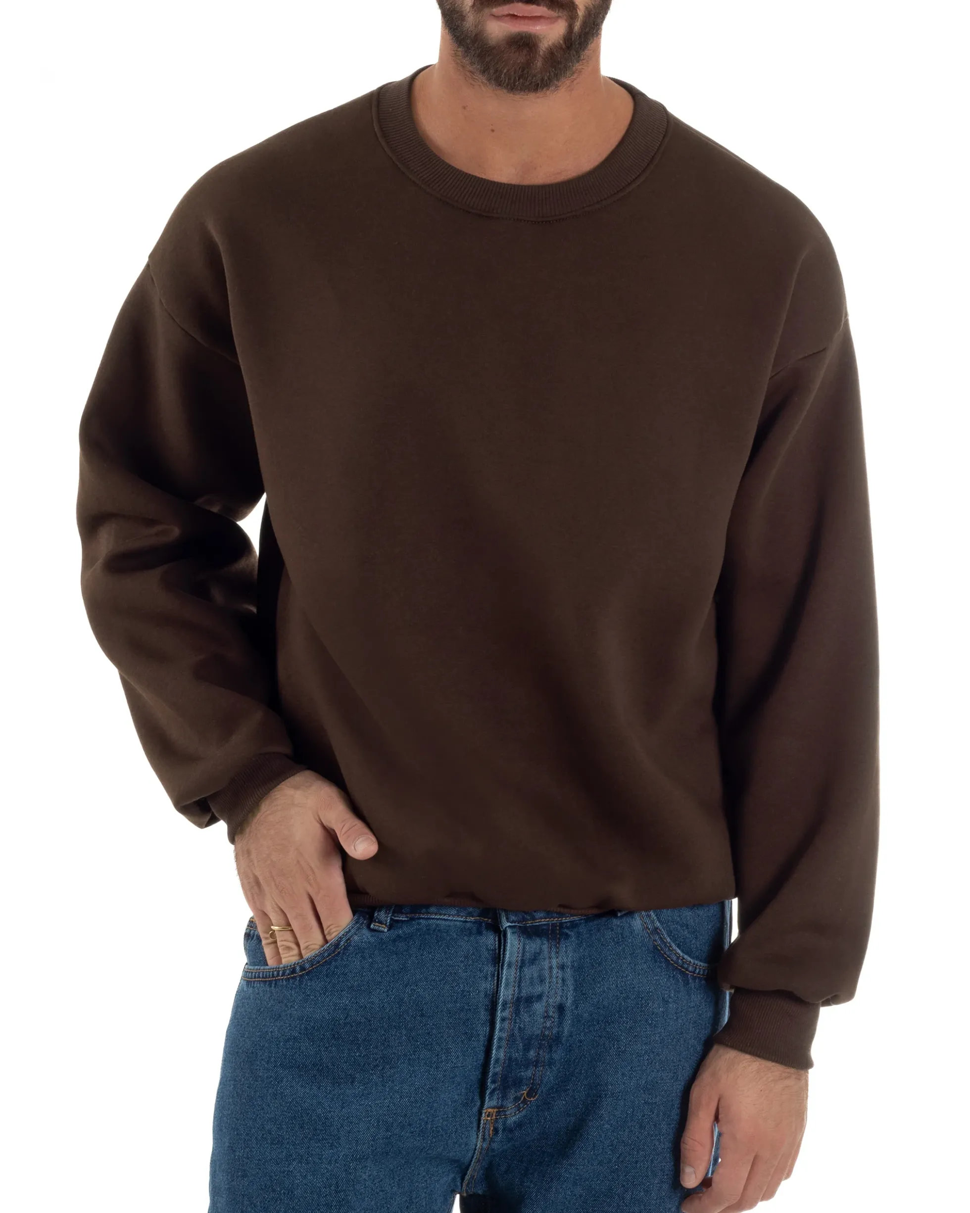 Felpa Girocollo Hoodie Boxy Fit Basic Felpata Marrone F3058A