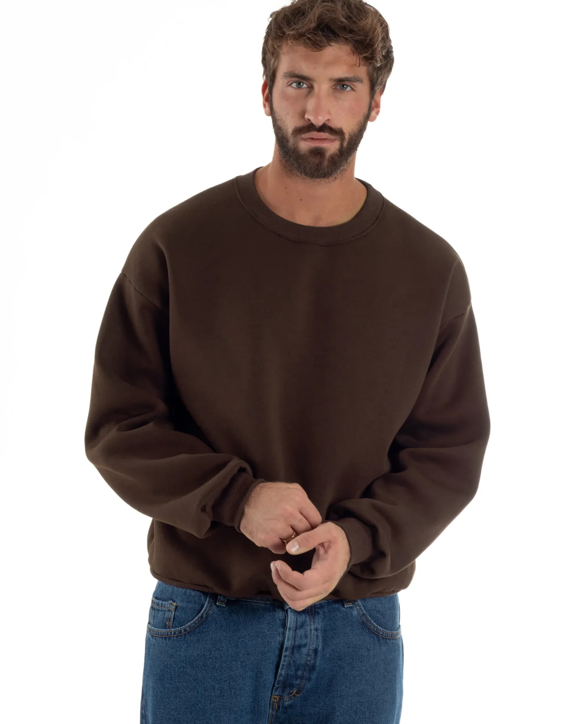 Felpa Girocollo Hoodie Boxy Fit Basic Felpata Marrone F3058A
