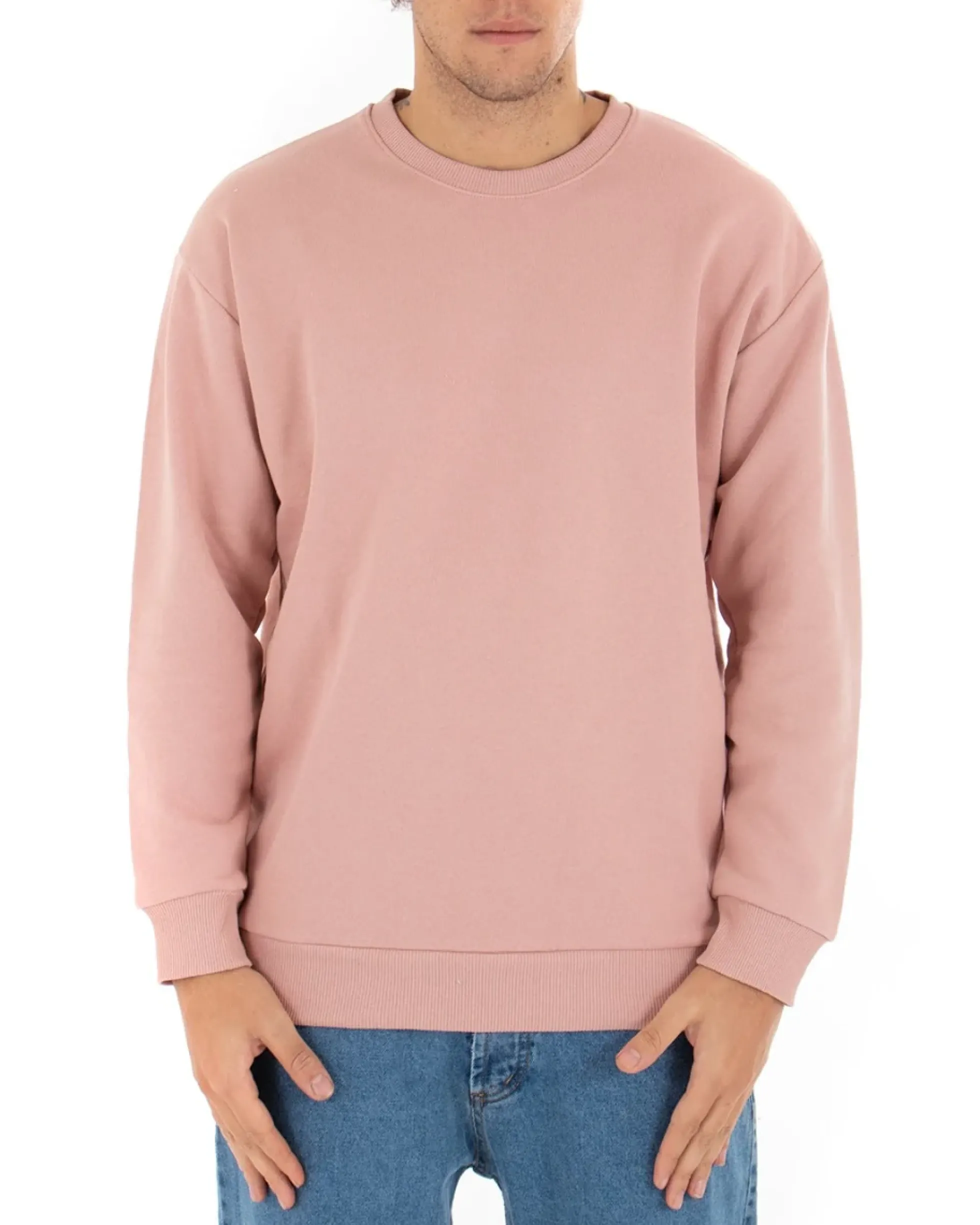 Felpa Girocollo Uomo Basic Tinta Unita Rosa Comoda Relaxed Fit Garzata Leggera GIOSAL-F2854A