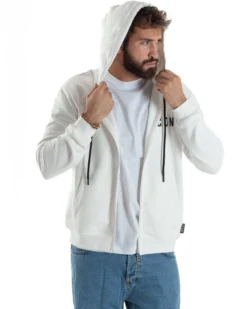 Felpa Uomo Cappuccio Zip Marsupio Stampa Regular Fit Basic Bianco ICON ICUF2W6F007